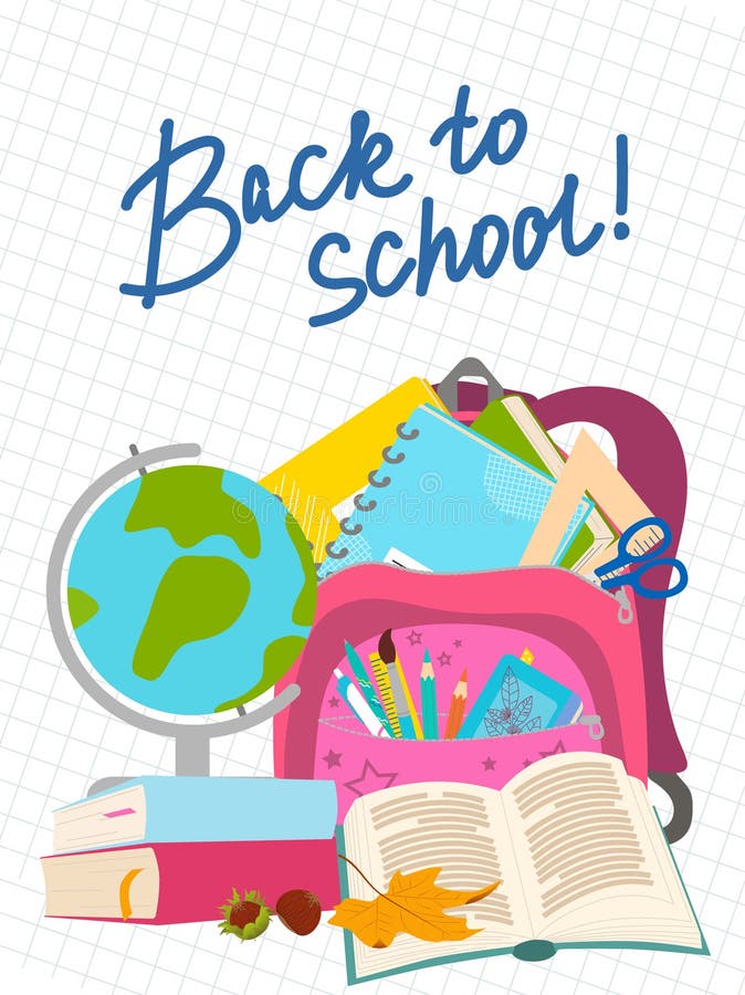 Set of school supplies. Back to school. Kids items for learning. Vector illustrations in flat style on white background royalty free illustration