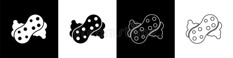 Set schwamm mit blasen symbol isoliert auf schwarz und weiß hintergrund. Bast zum Waschen von Geschirr. Reinigungsdienstlogo. Vektor.