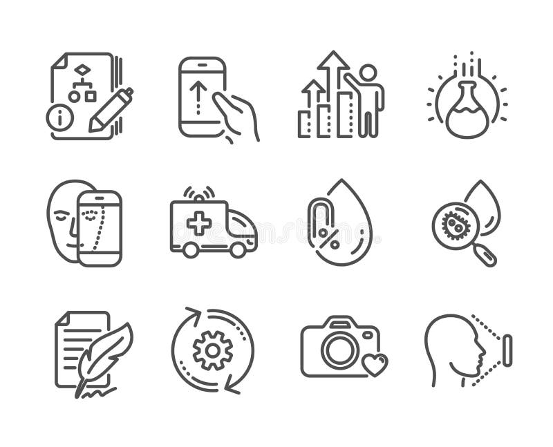 Set of Science icons, such as Swipe up, Chemistry experiment, Face biometrics. Vector stock illustration