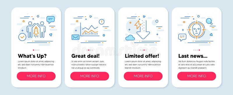 Set of Science icons, such as Trade infochart, Partnership, Energy drops symbols. Face detect line icons. Vector royalty free illustration