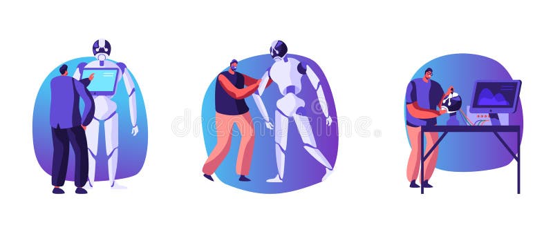 Set Scientists Characters Create Cyborgs in Laboratory. Robot Creating Process. Hardware and Software Robotics royalty free illustration