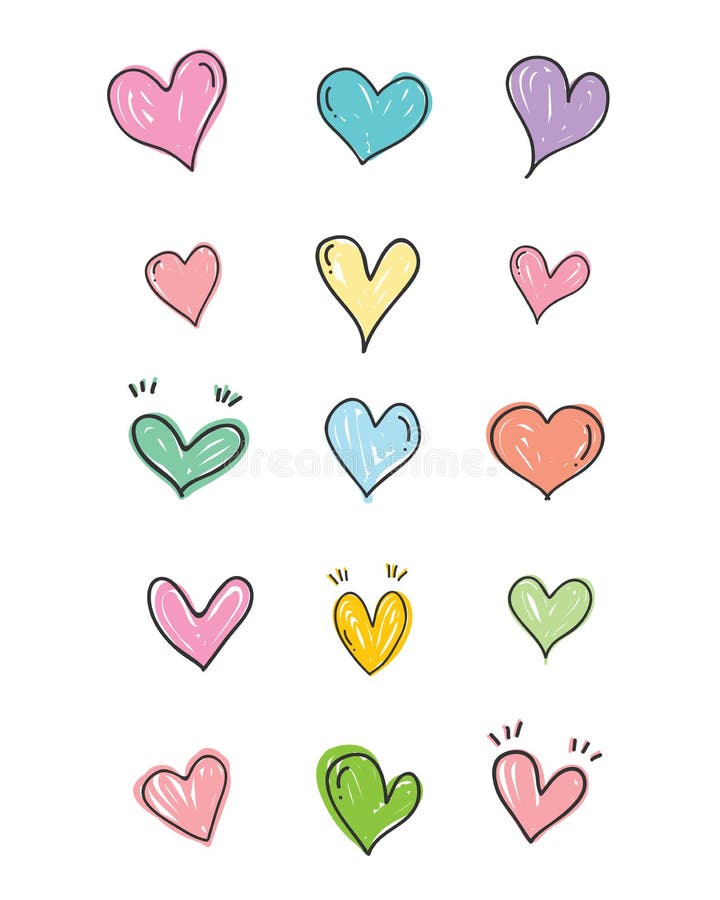 Set of scribble sweet color hearts. Collection of heart shapes draw the hand. Symbol of love. Design elements for Valentine`s Day.