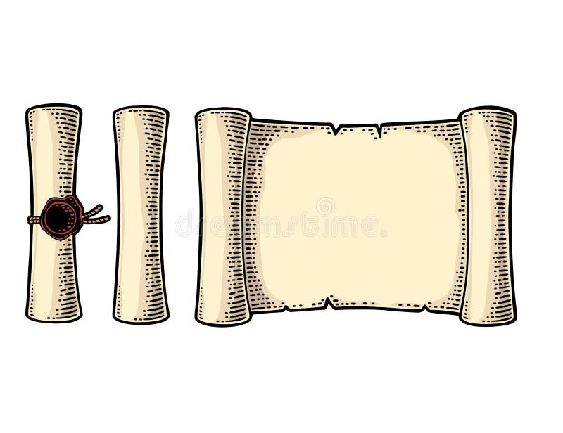 Set Scroll with Seal Isolated on White Background. Vector Engraving