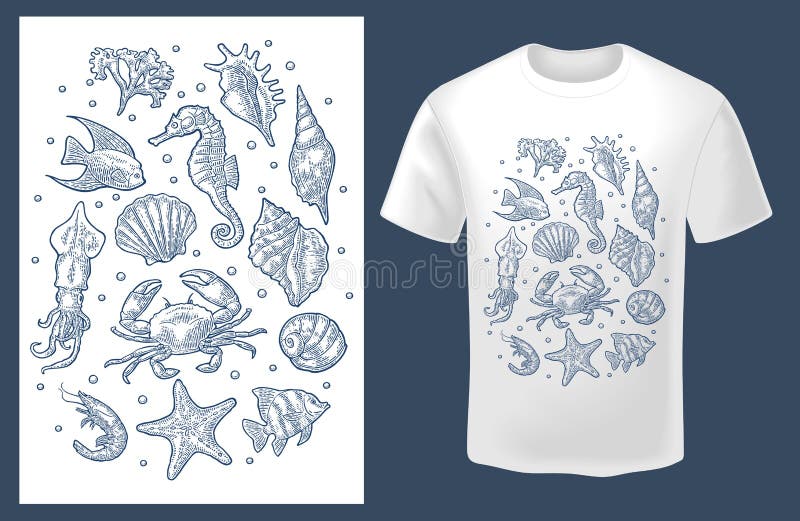 Set sea animal. Vector monochrome vintage engraving isolated on white royalty free illustration Set sea animal. Vector monochrome vintage engraving isolated on white royalty free illustration