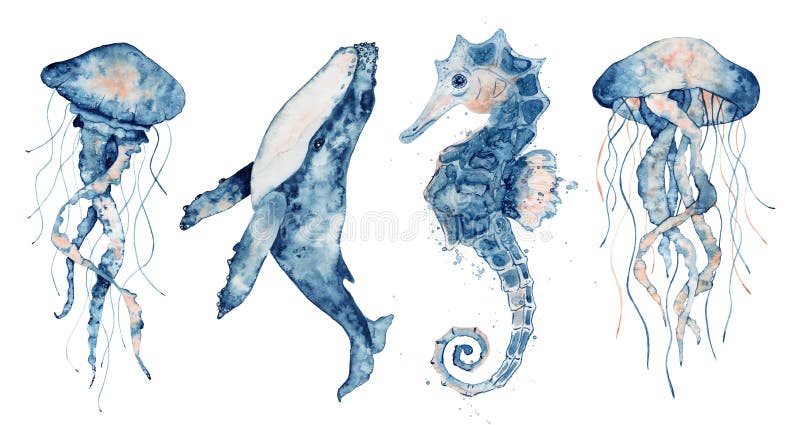 Set of sea animals. Blue watercolor ocean fish, Medusa, whale, seahorse