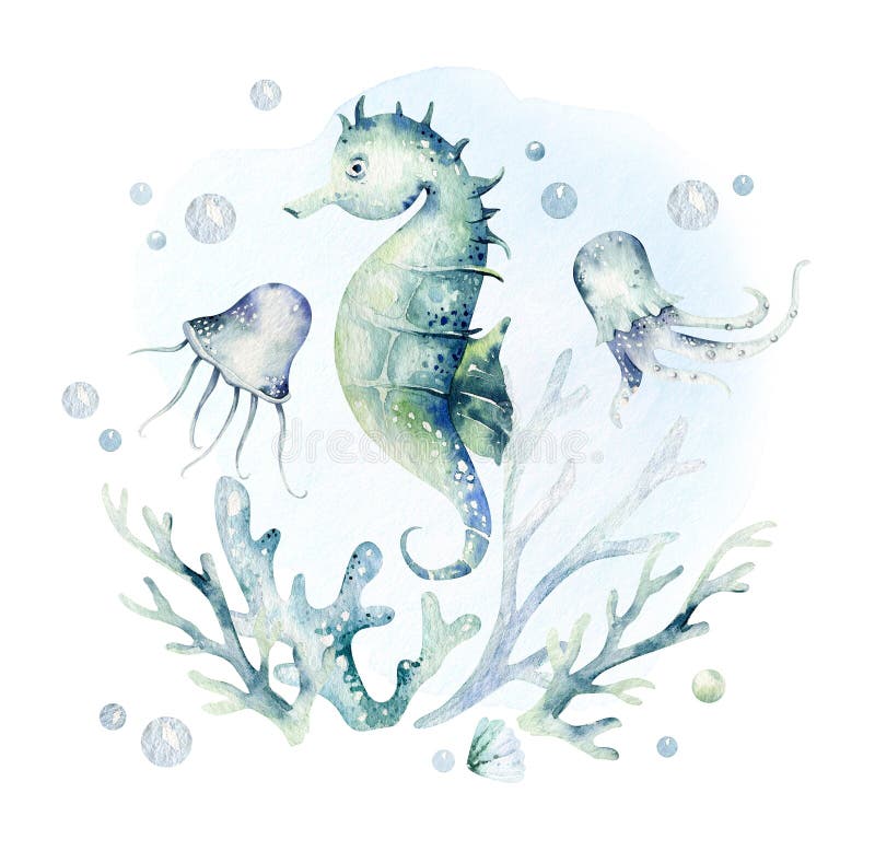Set of sea animals. Blue watercolor ocean fish, turtle, sea horse whale and coral. Shell aquarium background. Nautical