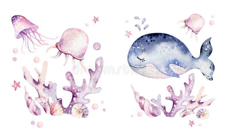 Set of sea animals. Blue watercolor ocean fish, turtle, whale and coral. Shell aquarium background. Nautical marine hand painted. Set of sea animals. Blue
