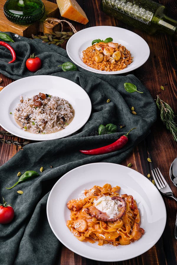 A Set of Seafood Dishes. Pasta, Bulgur, Rice, Couscous Stock Image