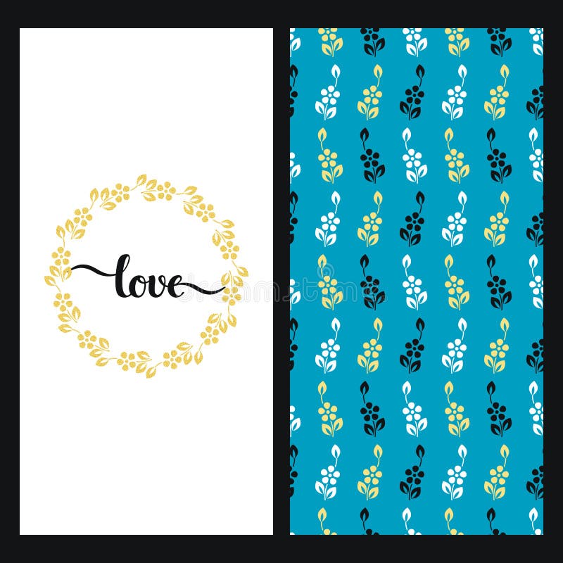 Set with seamless blue texture with colorful flowers and a card with hand drawn word love in a floral frame