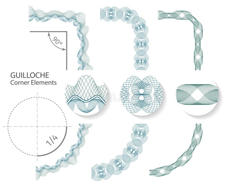 Set: Seamless Guilloche Corner Border Elements for certificate or diploma, . Vector illustration royalty free illustration Set: Seamless Guilloche Corner Border Elements for certificate or diploma, . Vector illustration royalty free illustration