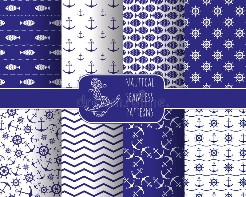 Set of 8 seamless nautical patterns with anchors, ship wheels, fish, chevron and waves. Design elements for printables, wallpaper, baby shower invitation, birthday card, scrapbooking, fabric print.