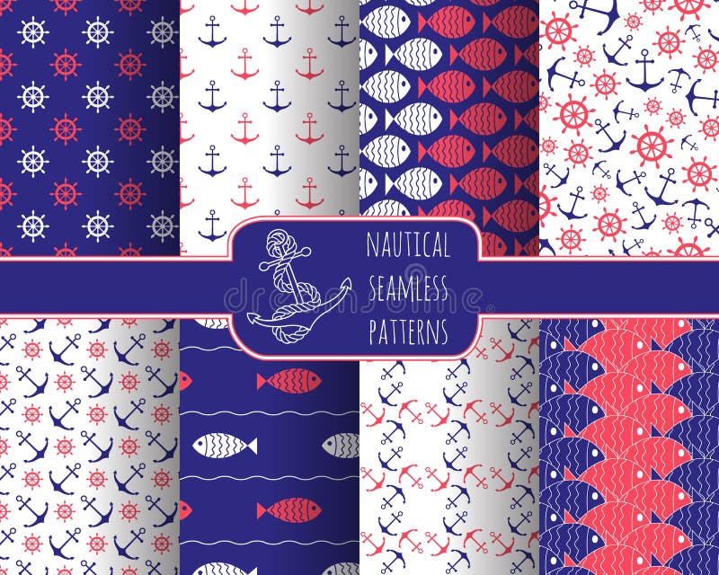 Set of 8 seamless nautical patterns with anchors, ship wheels, fish and waves. Design elements for printables, wallpaper, baby shower invitation, birthday card, scrapbooking, fabric print.