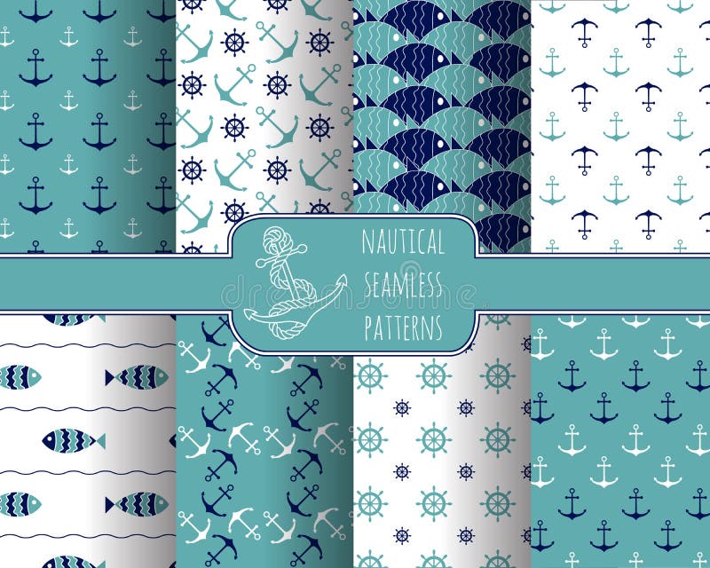 Set of 8 seamless nautical patterns with anchors, ship wheels, fish and waves. Design elements for printables, wallpaper, baby shower invitation, birthday card, scrapbooking, fabric print.