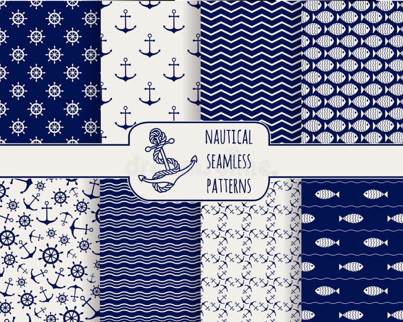 Set of seamless nautical patterns. Backgrounds with anchors, ship wheels, fish and waves. Design elements for wallpaper, baby shower invitation, birthday card, scrapbooking, fabric. Vector illustration.