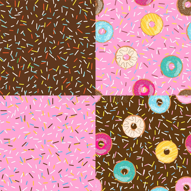 Set of seamless pattern bright tasty vector donuts and sprinkles background in cartoon style for menu in cafe and shop.