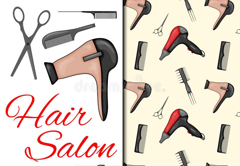 Set with Seamless Pattern and Items for Hairdressing Salon. Cartoon