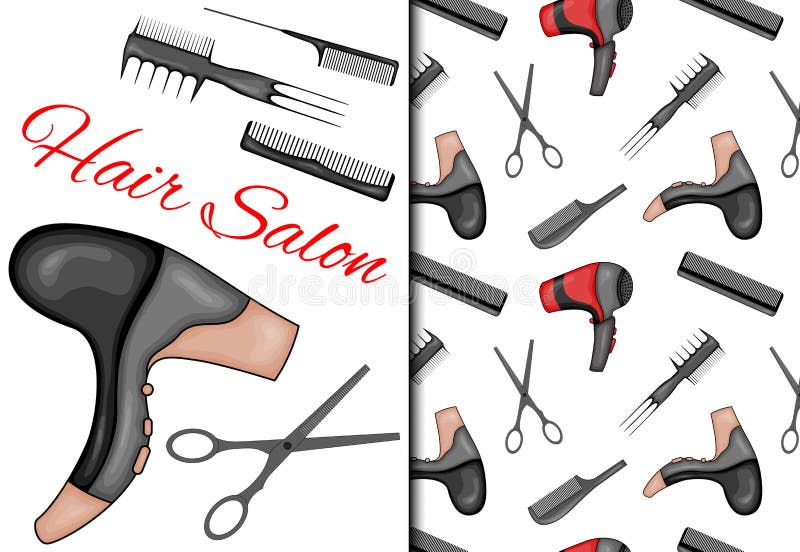 Set with Seamless Pattern and Items for Hairdressing Salon. Cartoon