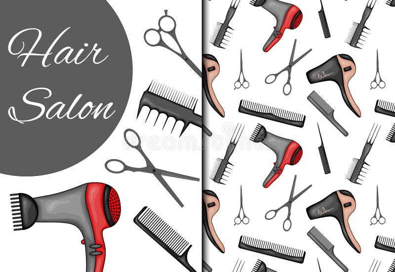 Set with Seamless Pattern and Items for Hairdressing Salon. Cartoon