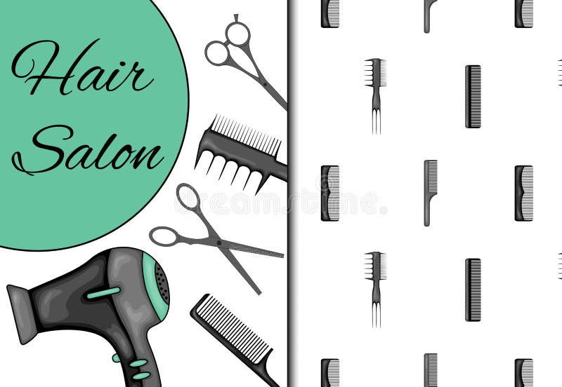 Set with Seamless Pattern and Items for Hairdressing Salon. Cartoon