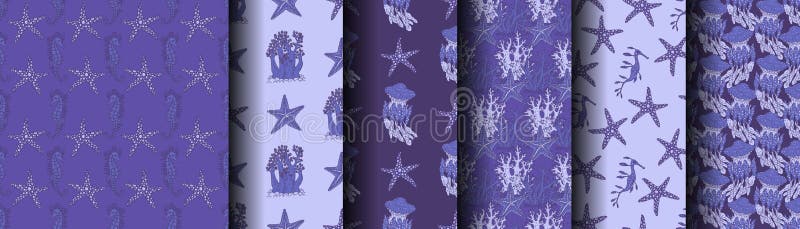 Set of seamless patterns with blue seahorse, coral and seastar. Vector coralline reef ocean animals underwater life doodle sketch background