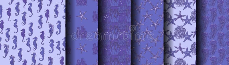 Set of seamless patterns with blue seahorse, coral and seastar. Vector coralline reef ocean animals underwater life doodle sketch background