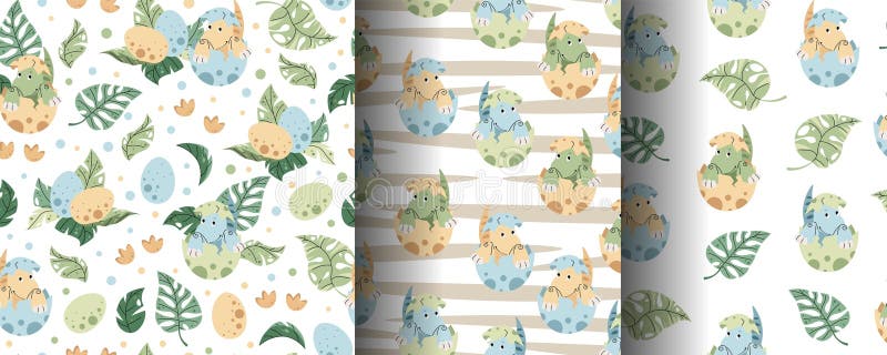 Set of Seamless Patterns with Cute Dinosaurs in an Egg in Flat Style