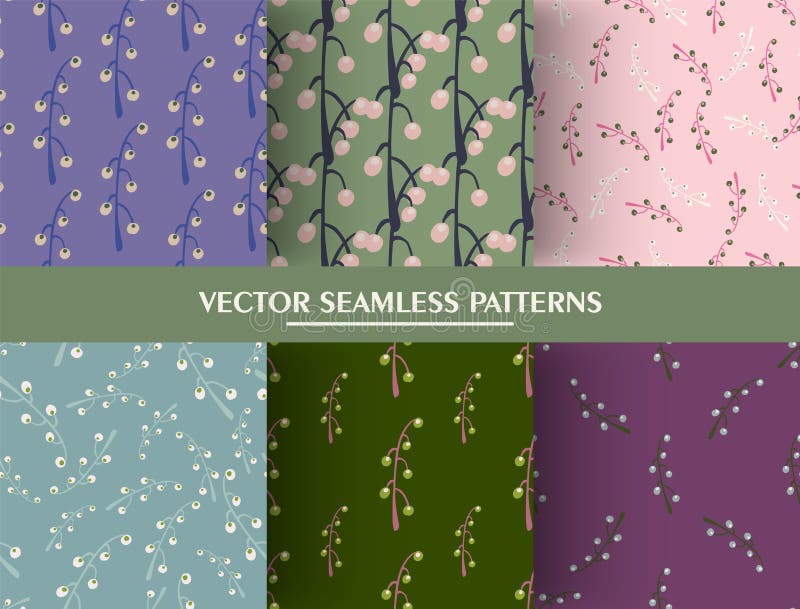 Set of seamless random pattern with doodle branches and berries stock illustration