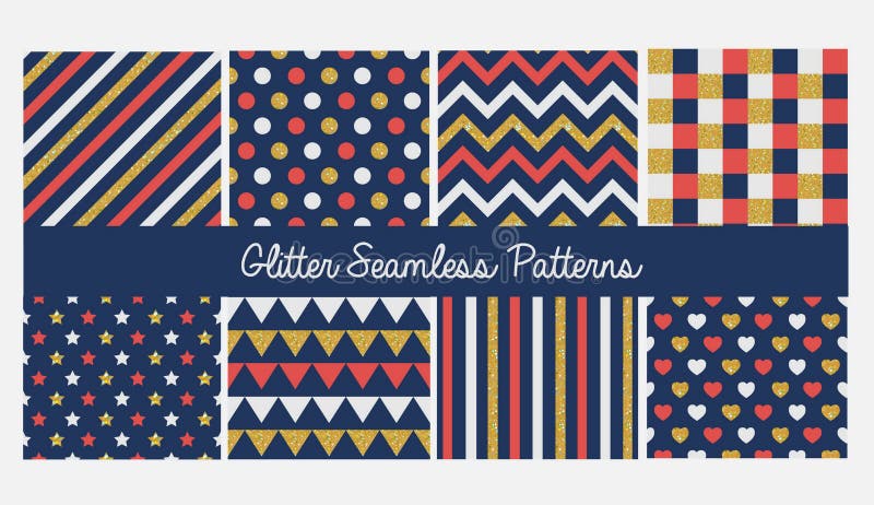 Set of seamless simple cute baby patterns with glitter elements. Includes white, red and golden stars, hears, stripes, zigzag, fla royalty free illustration Set of seamless simple cute baby patterns with glitter elements. Includes white, red and golden stars, hears, stripes, zigzag, fla royalty free illustration