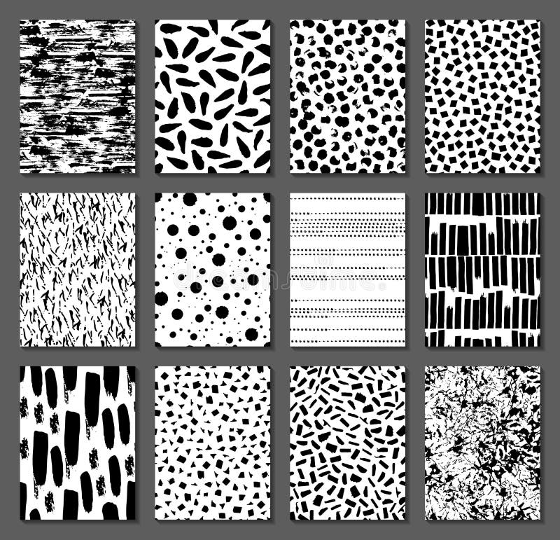 Set of 12 seamless texture. Drops, points, lines, stripes, circles, squares, rectangles. Abstract forms drawn a wide pen and ink. vector illustration