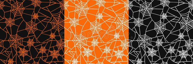 Set of 3 seamless textures with a web on a black and orange background. Vector grunge background. Abstract horror texture. For dec