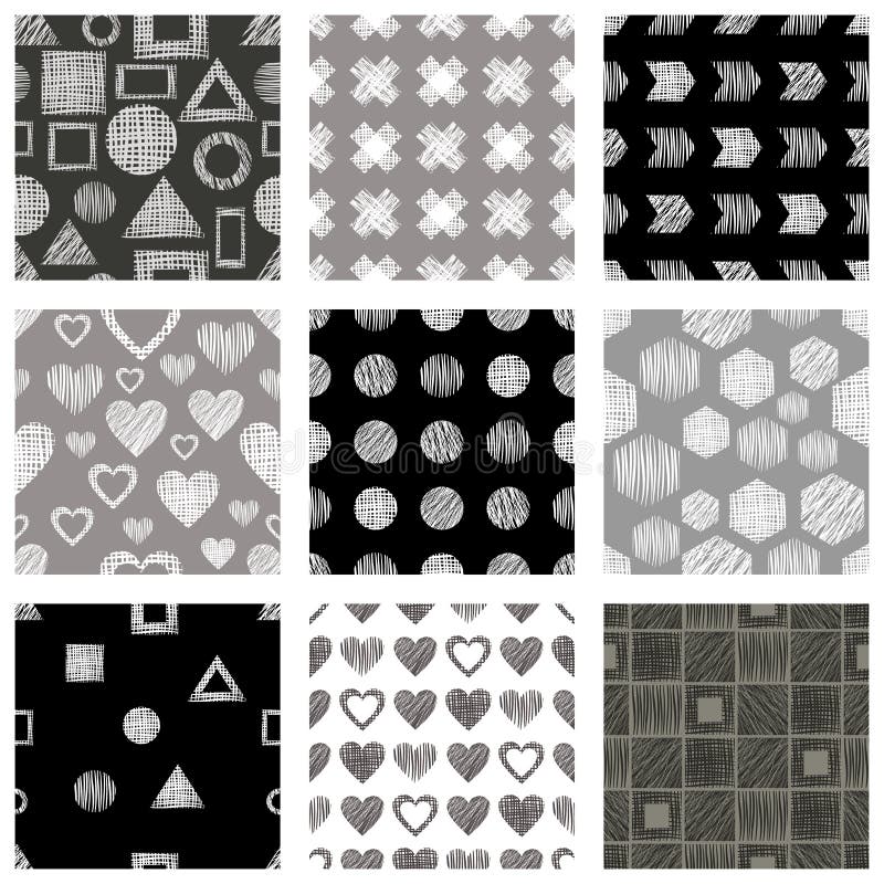 Set of seamless vector geometrical patterns with different geometric figures, forms, grey, black white. Pastel endless background vector illustration Set of seamless vector geometrical patterns with different geometric figures, forms, grey, black white. Pastel endless background vector illustration