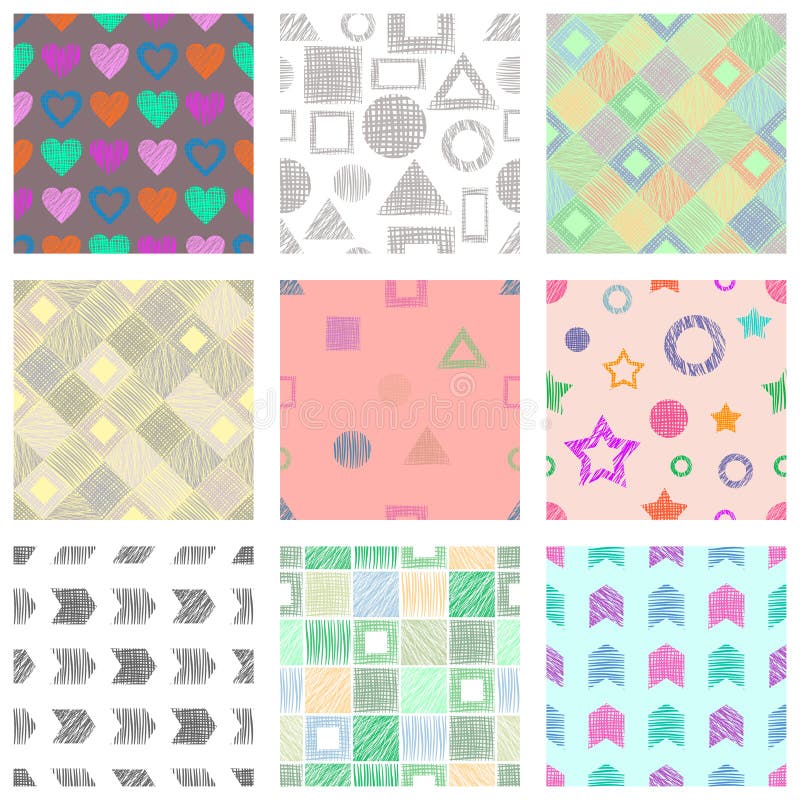 Set of seamless vector geometrical patterns with different geometric figures, forms. pastel endless background with hand drawn tex vector illustration Set of seamless vector geometrical patterns with different geometric figures, forms. pastel endless background with hand drawn tex vector illustration