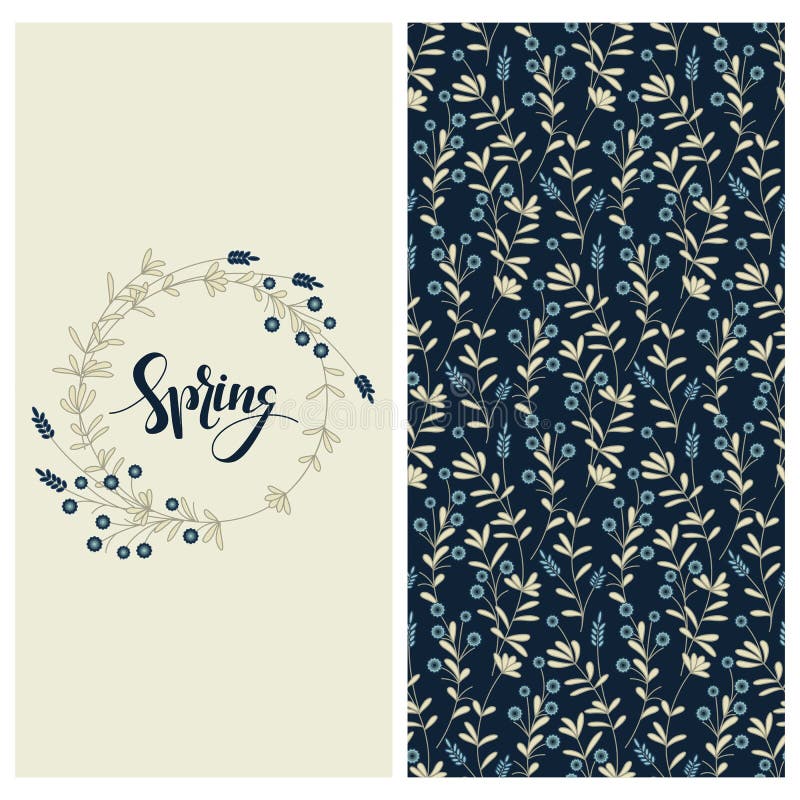 Set with seamless vector pattern with leaves and berries and a card with hand drawn word spring in a floral circle frame stock illustration Set with seamless vector pattern with leaves and berries and a card with hand drawn word spring in a floral circle frame stock illustration