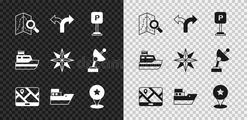 Set Search location, Road traffic sign, Parking, City map navigation, Ship line path, Map pointer with star, and Wind vector illustration