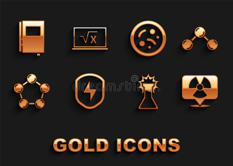 Set Secure shield with lightning, Molecule, Radioactive location, Test tube and flask, Bacteria, Book and Square root of stock illustration