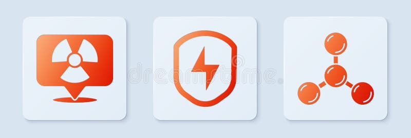 Set Secure shield with lightning, Radioactive in location and Molecule. White square button. Vector royalty free illustration