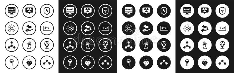 Set Secure shield with lightning, Test tube and flask, Solar system, Equation solution, XYZ Coordinate, Radioactive vector illustration
