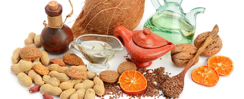 Set of Vegetable Oils, Nuts and Seeds Isolated on White Background