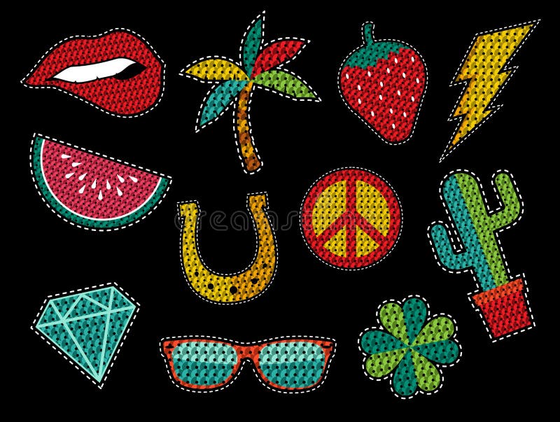 Set of sequin pop art summer patch icons stock illustration Set of sequin pop art summer patch icons stock illustration