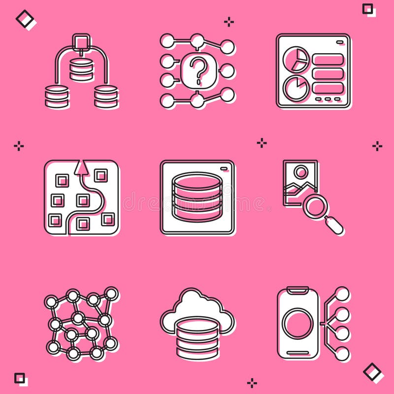 Set server data neural network computer api interface photo retouching and cloud database icon vector ilustración del vector