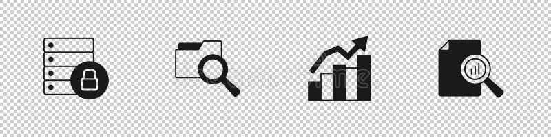 Set Server security with padlock, Search folder, Financial growth and Document graph chart icon. Vector royalty free illustration