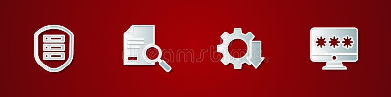 Set Server with shield, Document search, Cost reduction and Monitor password icon. Vector stock illustration
