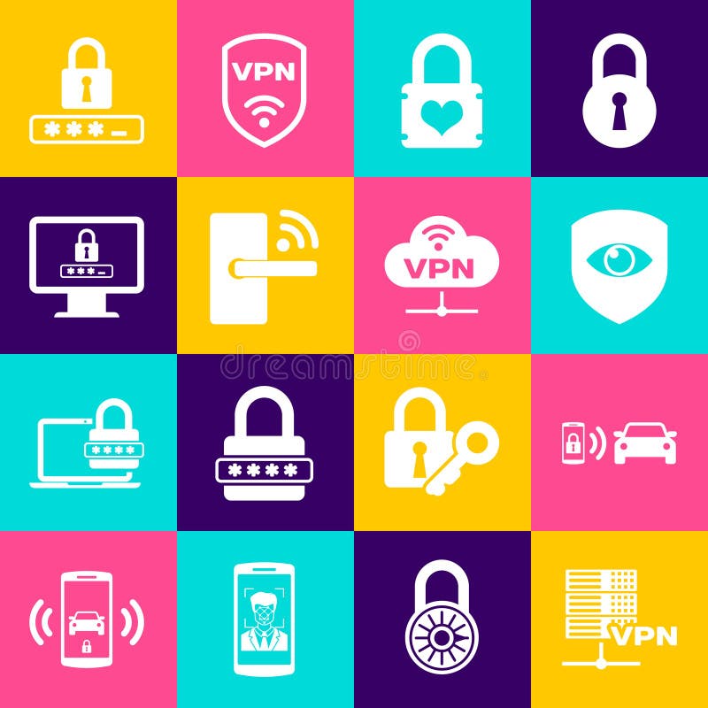 Set Server VPN, Smart car alarm system, Shield and eye, Padlock with heart, Digital door wireless and Monitor password vector illustration