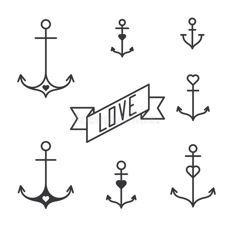 Set of Seven Lined Anchors in Tattoo Style Stock Illustration ...