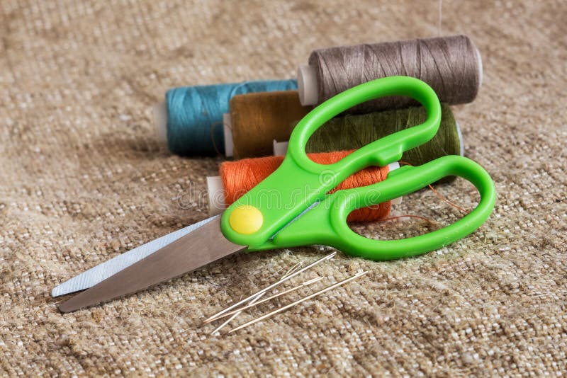 Set for Sewing Scissors, Multicolored Threads, Needles, Fabric Stock