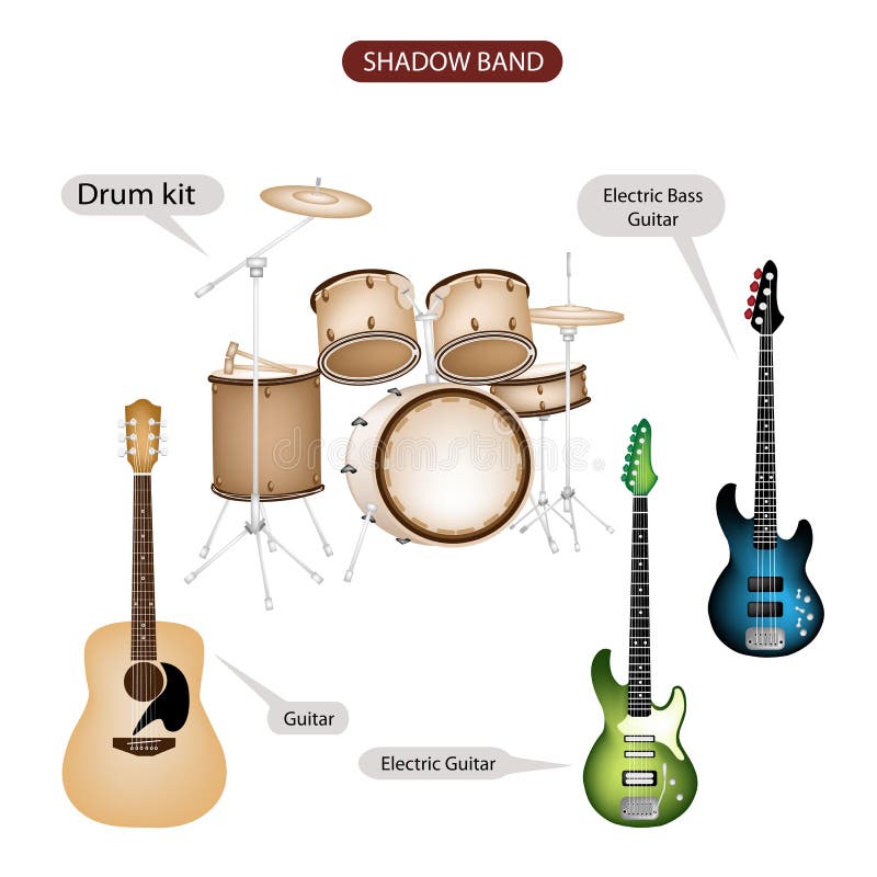 Illustration Brown Color Collection of Musical Instruments Shadow Band, Guitar, Electric Guitar, Electric Bass Guitar and Drum Kit in Retro Style. Illustration Brown Color Collection of Musical Instruments Shadow Band, Guitar, Electric Guitar, Electric Bass Guitar and Drum Kit in Retro Style