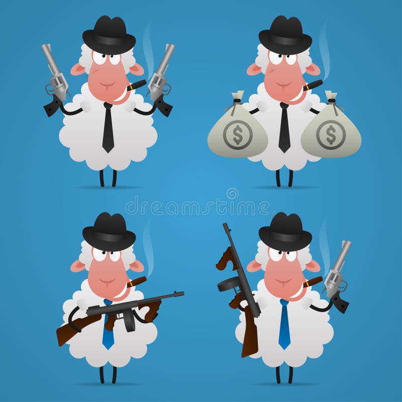 Illustration, set sheep gangster in different poses, format EPS 10. Sheep gun vectors