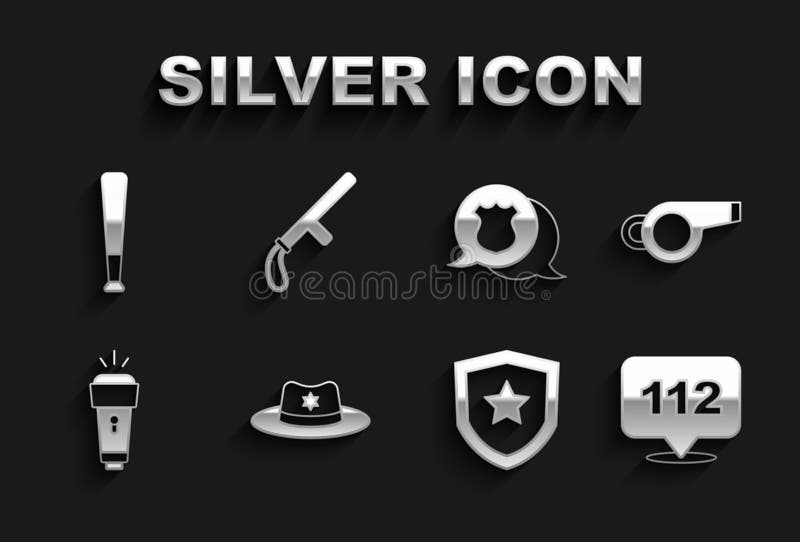 Set sheriff hat cu insignă de telefon fluier apel 112 poliție flash bâtă de baseball și baston de cauciuc. vector vector illustration