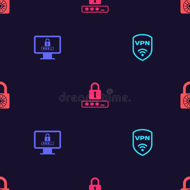 Set Shield with VPN wireless, Monitor password, Password protection and Safe combination lock wheel on seamless pattern royalty free illustration