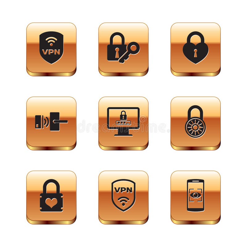 Set Shield with VPN wireless, Padlock heart, , Monitor password, Digital door and Castle in the shape of icon. Vector vector illustration